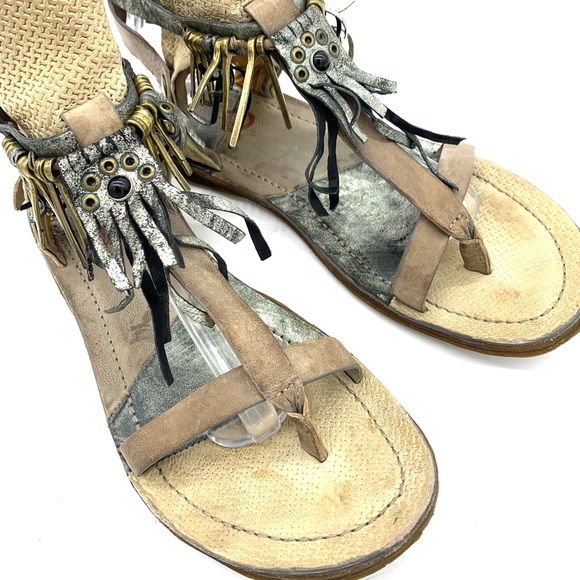 A.S.98 Ramos Brown Silver Leather Fringe Buckle Snap Gladiator Sandals - Picture 4 of 8